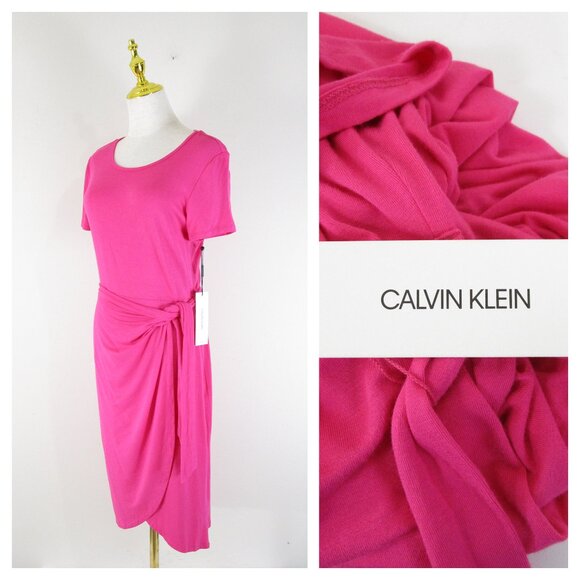 Calvin Klein Womens Solid Pink Belted Faux Wrap A-line Short Sleeve Dress 10 - Picture 1 of 13
